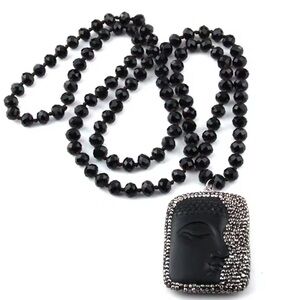 Ethnic Buddha Luck Gayatri Black Beaded Long Crustal Necklace